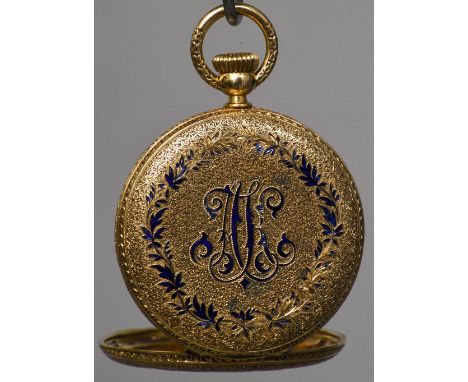 An 18 ct gold and enamel cased lady's keyless wind full hunter pocket watchThe 3 cm white enamelled dial with Roman numerals,
