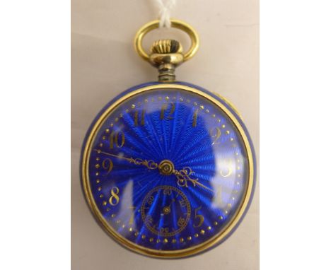 A small 14 ct gold guilloche enamel decorated and diamond set fob watchThe blue enamel dial with Arabic numerals and subsidia