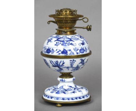 A Meissen blue and white gilt metal mounted porcelain oil lamp (in two sections)Decorated with the Onion pattern, the mechani