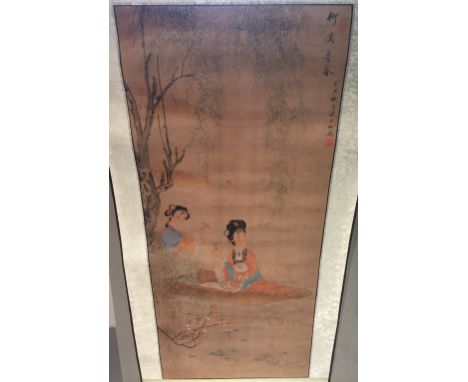CHINESE SCHOOL (19th/20th century) Ladies in a PuntWatercolour scroll paintingSigned and with red seal mark160 cm long overal