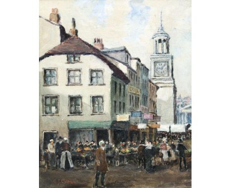 *AR G J COTTON (20th century) BritishA Continental MarketOil on canvasSigned, old label to verso for Luton Museum and Art Gal