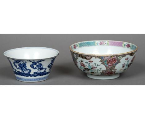 A Chinese blue and white porcelain bowl together with anotherThe former decorated with various deities and with blue painted 