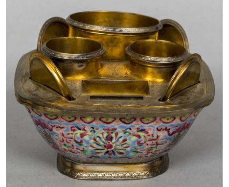 A Chinese porcelain bowl Decorated with lotus strapwork and with French silver gilt mounts with boars head 800 purity mark, m