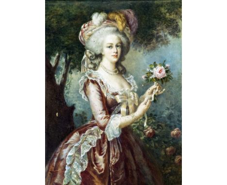 CONTINENTAL SCHOOL (19th century)Portrait of an Elegant Lady, three-quarter length, holding a rose in a garden landscapeWater
