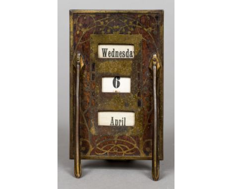 An Art Nouveau wooden inset brass desk calendarWith stylised foliate decorations.  17.5 cm high.    CONDITION REPORTS:  Some 