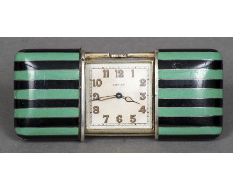 A Cartier 935 Sterling silver Movado purse watchThe exterior with bands of green and black enamelled decoration, the dial ins