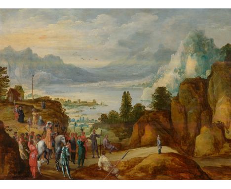 JOOS DE MOMPER d. J.(1564 Antwerpen 1635)Gebirgslandschaft mit dem Schuss von Wilhelm Tell.Öl auf Holz.Verso mit der Marke de