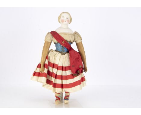 An A W Kister mid 19th century bisque shoulder head patriotic doll, with blue painted eyes, red eyelid line, pale brown brows
