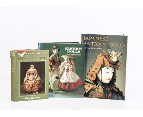 A large collection of dolls reference books, including Japanese Antique Dolls by Gribbin, English Dolls Effigies &amp; Puppet