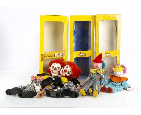Four Pelham Puppet clowns, DL14 DeLuxe Bimbo, SL17 Bimbo, SS6 Clown, in original yellow window box (SS6 with slight moth dama