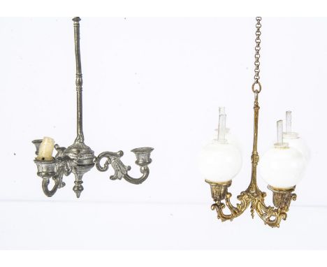 A German cast-metal four-light chandelier, painted gold with white glass globe shades and chain for hanging -2 1/4in. (6cm.) 