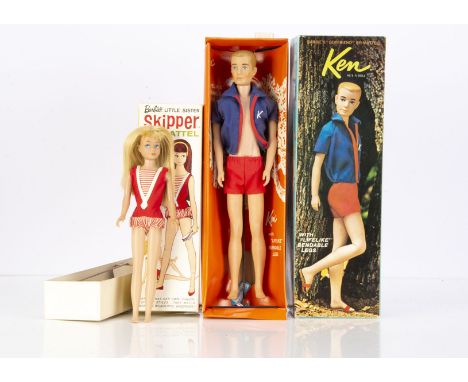 Mattel Ken and Skipper,  Bendable Leg Ken with blonde plastic hair, original blue and red costume and stand, in original box,