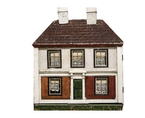 A 1930s Tri-ang dolls' house, with white painted "pebble-dash" and brick façade, central front door,  five tinplate windows, 