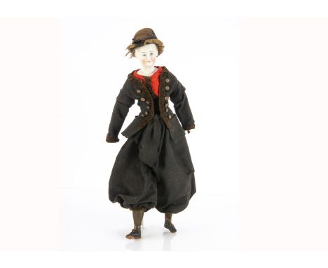An interesting bisque shoulder head doll with solid domed head,  finely painted blue eyes with white highlight, eyelashes to 