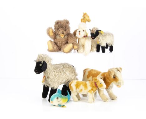 Post-war Steiff animals and a Zotty,  two Snucki mountain goats, a white Snobby poodle a velvet giraffe -7in. (17.5cm.) high,