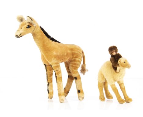 Post-war Schuco monkey and two Steiff wild animals, the monkey with brown mohair, spray painted tinplate face, felt ears, han