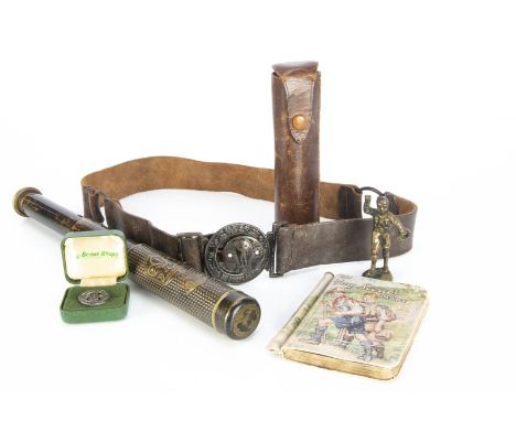 British Boy Scout items, a Baden Powell telescope in leather case, a 'Be Prepared' buckle on leather belt, a hallmarked silve