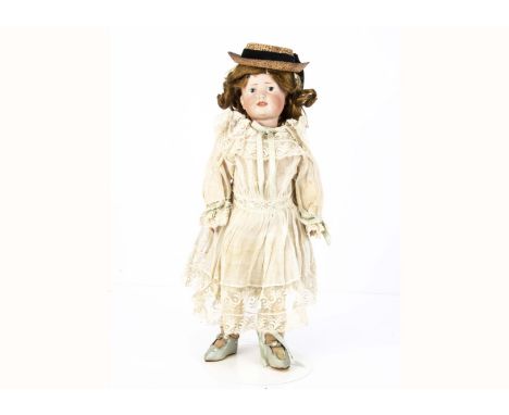 A Simon &amp; Halbig 151 character girl doll, with dark blue painted eyes, single stroke light brown eyebrows, open/closed mo