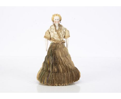 A rare small German bisque shoulder head fortune telling doll,  with blue painted eyes, ears pierced into the head, blonde pa