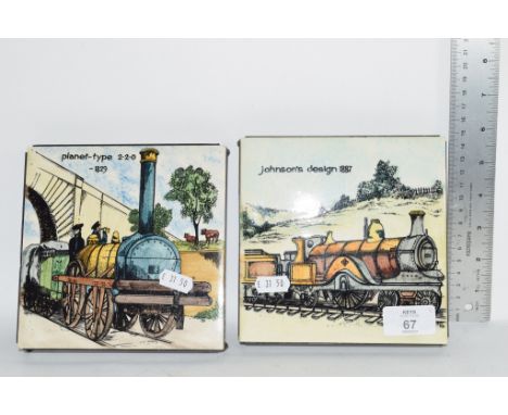 TWO CERAMIC TEA POT STANDS FEATURING OLD RAILWAY ENGINES