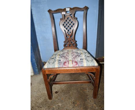 OAK CHIPPENDALE STYLE DINING CHAIR, STRIPED UPHOLSTERED SEAT, APPROX 97CM HIGH