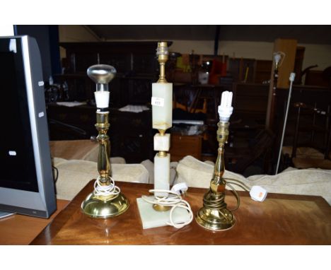 ONYX LAMP BASE, TOGETHER WITH TWO VARIOUS BRASS EXAMPLES