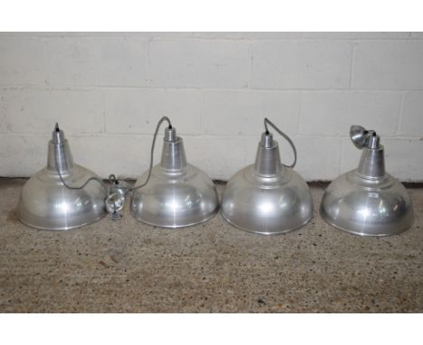 SET OF FOUR BRUSHED STEEL INDUSTRIAL STYLE PENDANT LIGHT FITTINGS, EACH APPROX 40CM DIAM