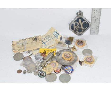 BOX CONTAINING ENAMEL BADGES AND AWARDS, MAINLY ASSOCIATED WITH RIFLE ASSOCIATION AND PISTOL AWARDS, ALSO RAC BADGE AND A MET