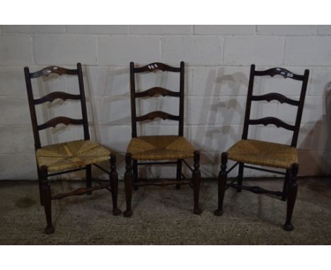 SET OF THREE RUSH SEATED LADDER BACK CHAIRS, EACH HEIGHT APPROX 102CM
