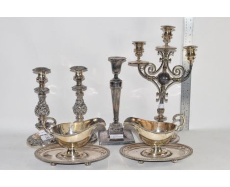 SILVER PLATED WARES INCLUDING PAIR OF CANDLESTICKS IN ROCOCO STYLE, NEO-CLASSICAL CANDLESTICK, PAIR OF SAUCE BOATS WITH STAND