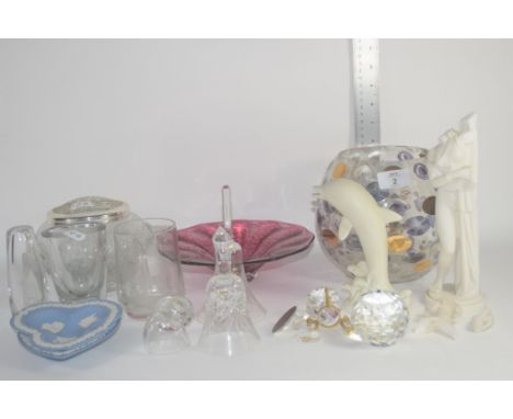 CERAMICS AND GLASS WARE INCLUDING MODEL OF A DOLPHIN AND TWO WEDGWOOD HEART SHAPED PIN DISHES