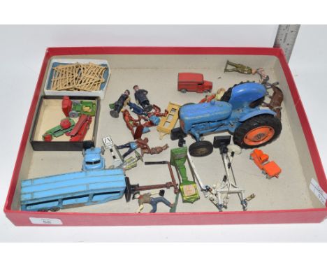 BOX CONTAINING METAL TOYS AND FIGURES, MAINLY FARMYARD INCLUDING TRACTOR AND TRAILER