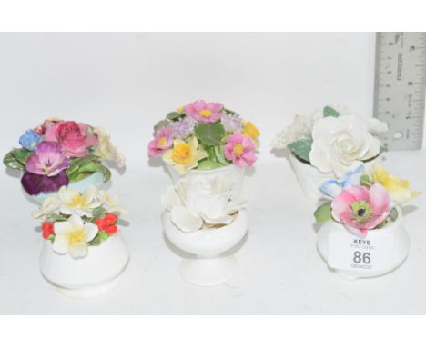 SIX CERAMIC SMALL FLOWER VASES BY CROWN STAFFORDSHIRE, AYNSLEY AND OTHERS