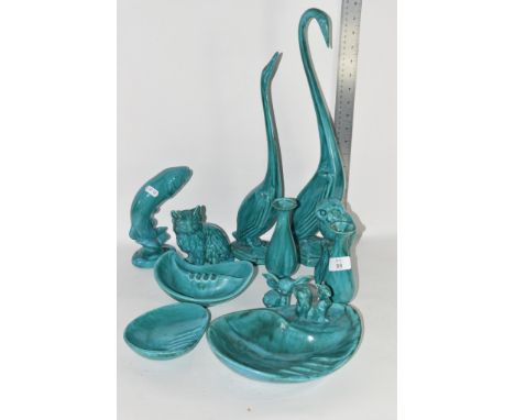 GREEN GLAZED POTTERY ITEMS INCLUDING PAIR OF VASES, MODEL OF AN OWL ON A TREE STUMP, A FISH AND A CAT ETC