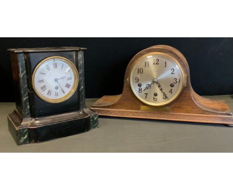 Clocks - a French ebonised and vert marble effect mantle clock, Charles Vincent movement, 22.5cm high, 21.5cm wide;  an oak c