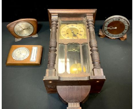 A mid 20th century carved cased mantle clock, others,  wall clock, etc (4) 