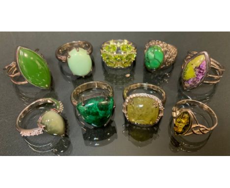 Gemporia - a turquoise and sterling silver ring, others, Nephrite Jade, Peridot, Chrysocolla, Stichtite, Green Amber, Cats Ey