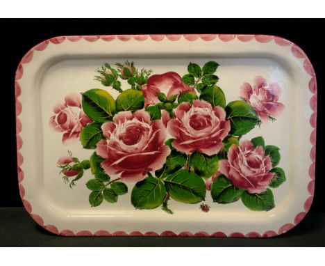 A B Adams 20th century Wemyss Ware tray, hand-painted with pink roses and a decorative border, 37cm long 