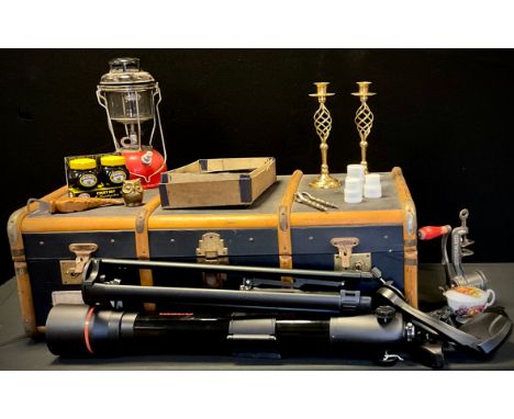 A Tasco telescope, D70-mm, F800mm with stand, Tilley Storm lamp, mincer, travelling trunk, artist equipment etc. 
