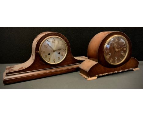 A Smith’s 30-day mantel clock, chiming movement;  a mid century oak Napoleon Hat mantel clock, (2). 
