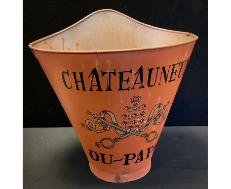 A grape hopper bucket, leather shoulder straps, marked Chateauneuf Du-Pape, 62cm high, 60cm wide. 