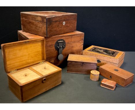An early 20th century walnut two division tea caddy,  Victorian rosewood,  mahogany box, carved  snuff box etc. 