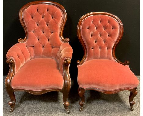 A Victorian mahogany balloon-back armchair, deep-button upholstered back and arms, upholstered sprung seat, scroll arms, cabr