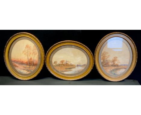 H K Storie, three oval watercolours, pair Autumn Trees &amp; Thatched Roofs, meandering stream landscapes, another similar Sa