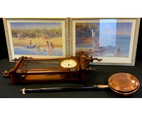 A Kieniger Vienna style wall clock, Judy Talacko by and after, a pair, Gentle Breeze &amp; The Shoal Spotters;  a warming pan