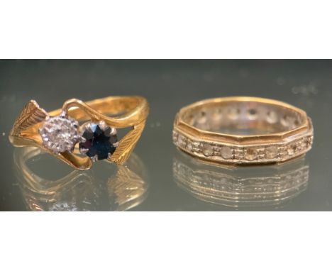 A diamond and sapphire ring, 18ct gold shank, size L/M, 3.8g gross,  9ct yellow and white gold eternity ring, size L, 2.5g gr