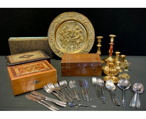 Boxes and Objects- A Victorian inlaid work box, others; a pair of brass candlesticks, 19cm, Ashberry of Sheffield cutlery set