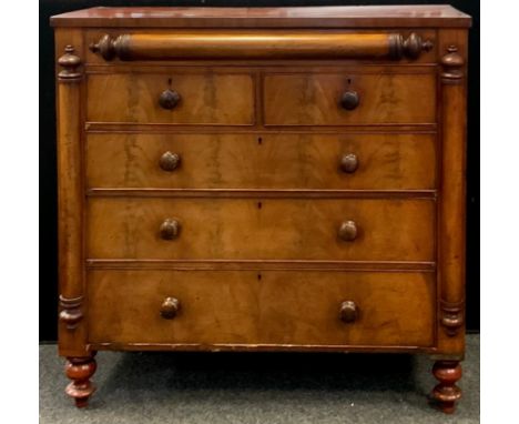 A Victorian flame mahogany chest, hidden draw to frieze above two short over three long graduated drawers, pillar moulded dec