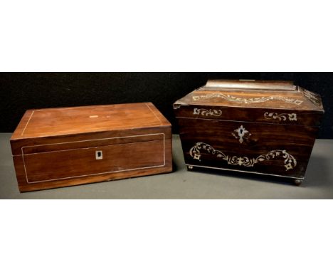 An early Victorian coromandel and mother of pearl marquetry sarcophagus tea caddy, hinged cover enclosing a pair of lidded co