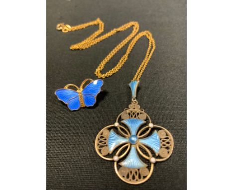 A Marius Hammer pale blue enamel and filigree Maltese Cross pendant necklace, signed, stamped 925, suspended from a gold plat